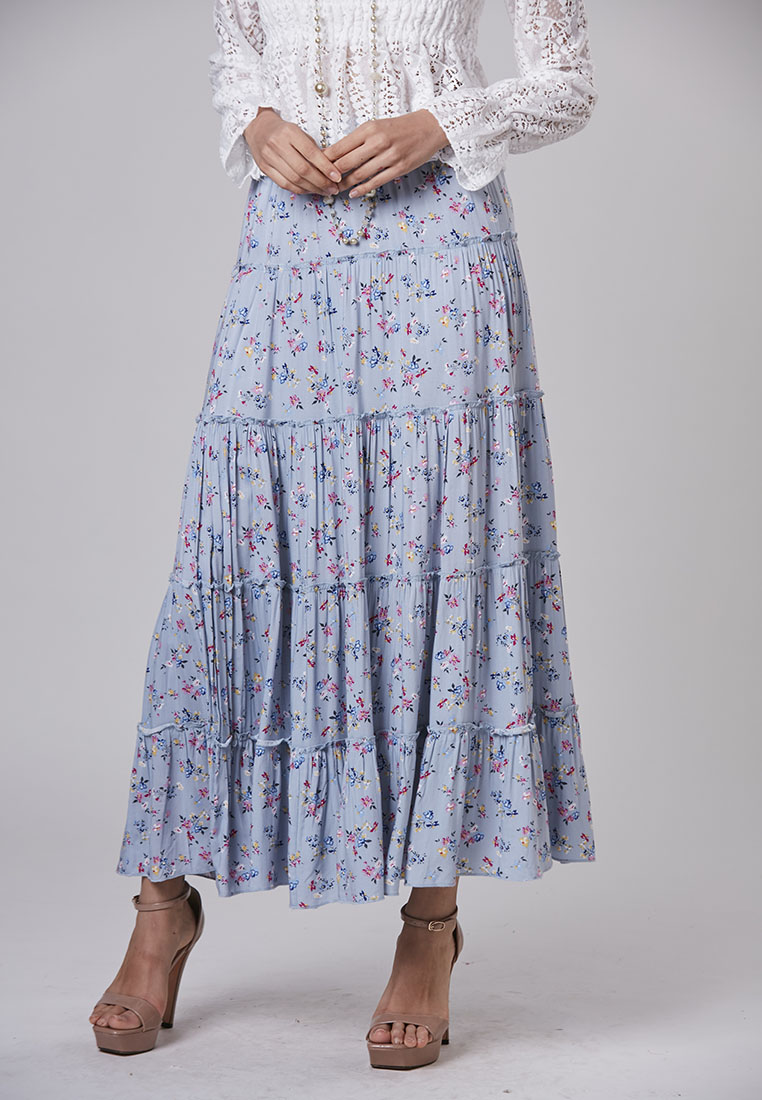 Remi - Skirt Long Rayon Floral Three Tier - Grey Blue - Metrojaya ...