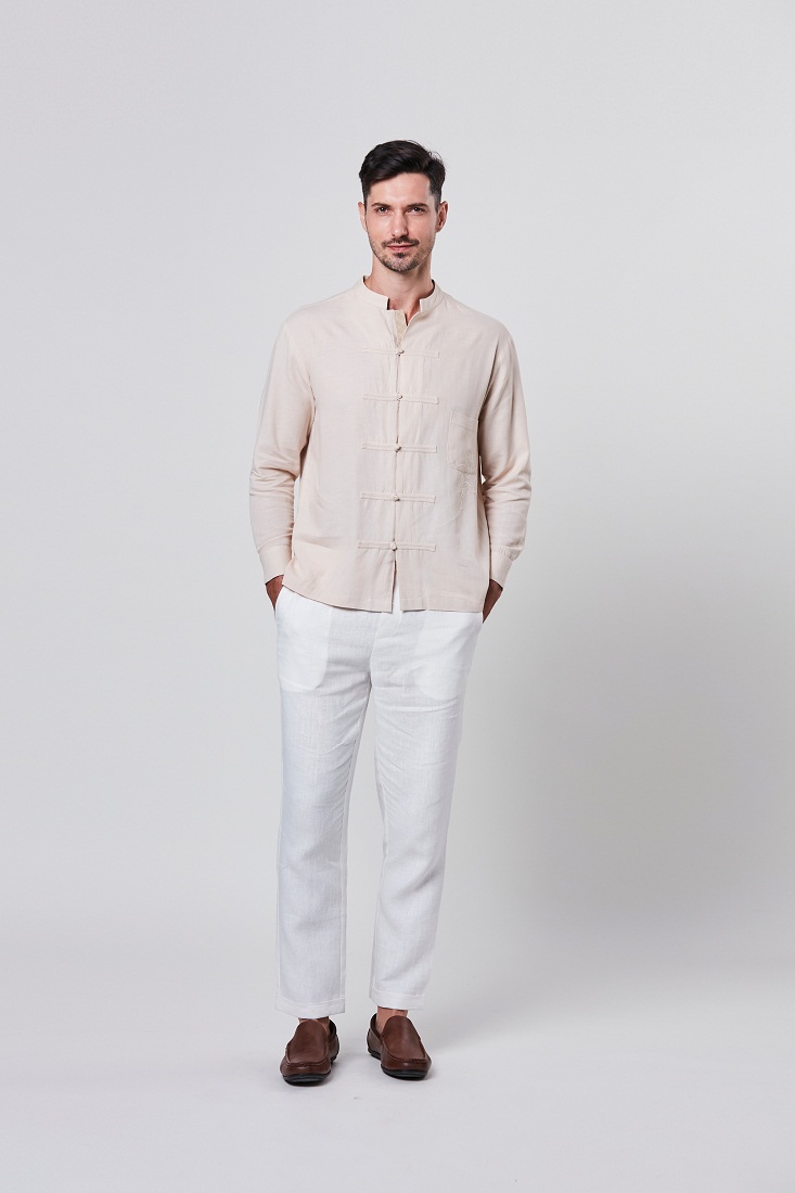 Metrojaya - Yuwan - Mandarin Collar Embroidery Shirt - Beige