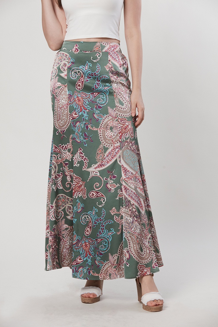 Ella - Godet Printed Mermaid Long Skirt - Dark Olive - Metrojaya Online ...