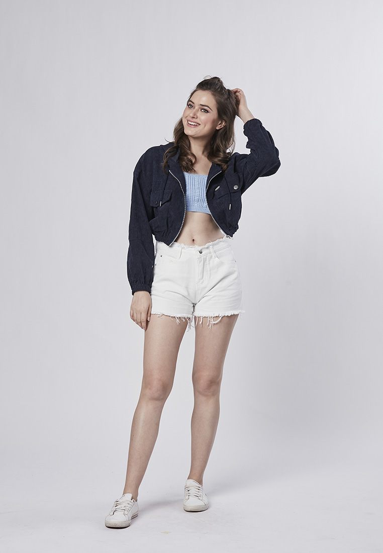 Sutton - Trendy Crop Corduroy Hooded Jacket - Navy - Metrojaya Online Shop