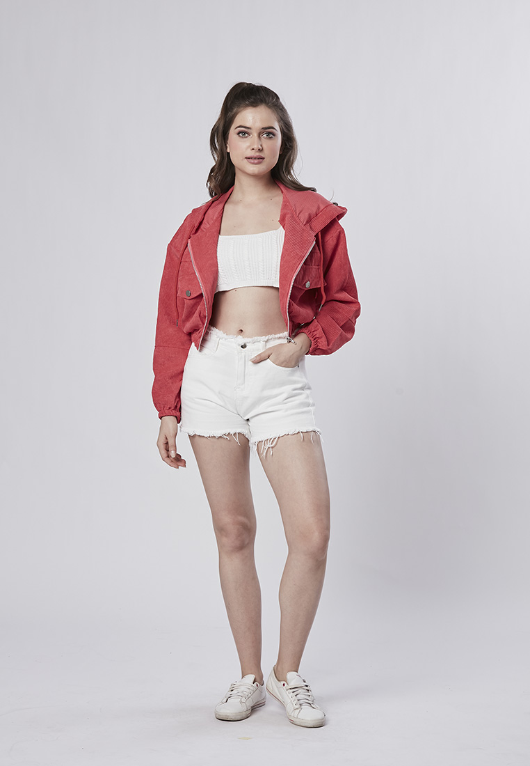 Sutton Trendy Crop Corduroy Hooded Jacket Red Metrojaya Online Shop