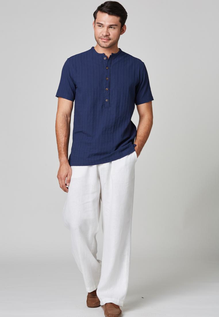 Arjuna - Oriental Collar Half Placket Shirt - Navy - Metrojaya Online Shop